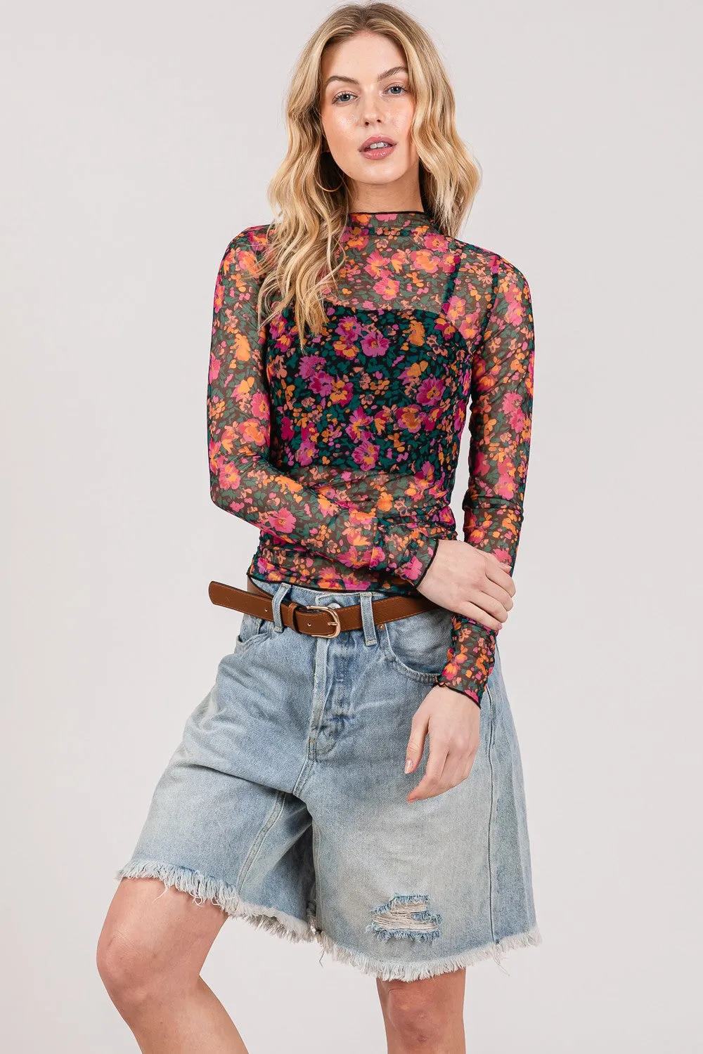 Floral Mesh Long Sleeve Top