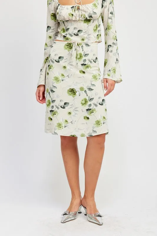 FLORAL MIDI SKIRT WITH FRONT DRAWSTRING Adjustable Knee Length Skirt