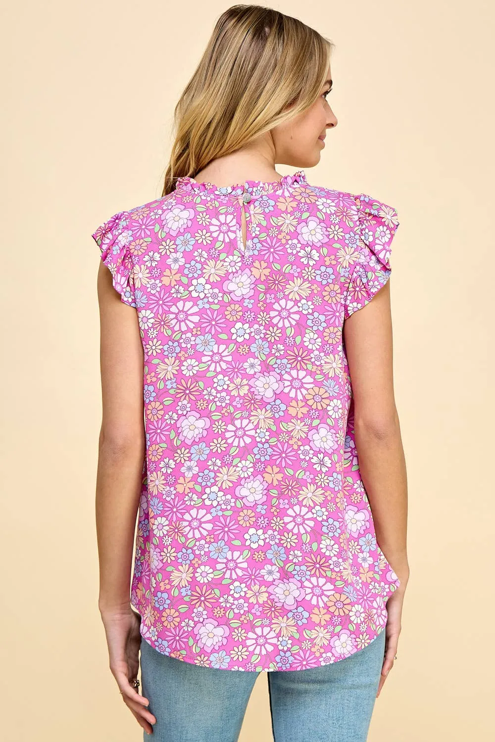 Floral Top With Ruffled Neck and Short Sleeves