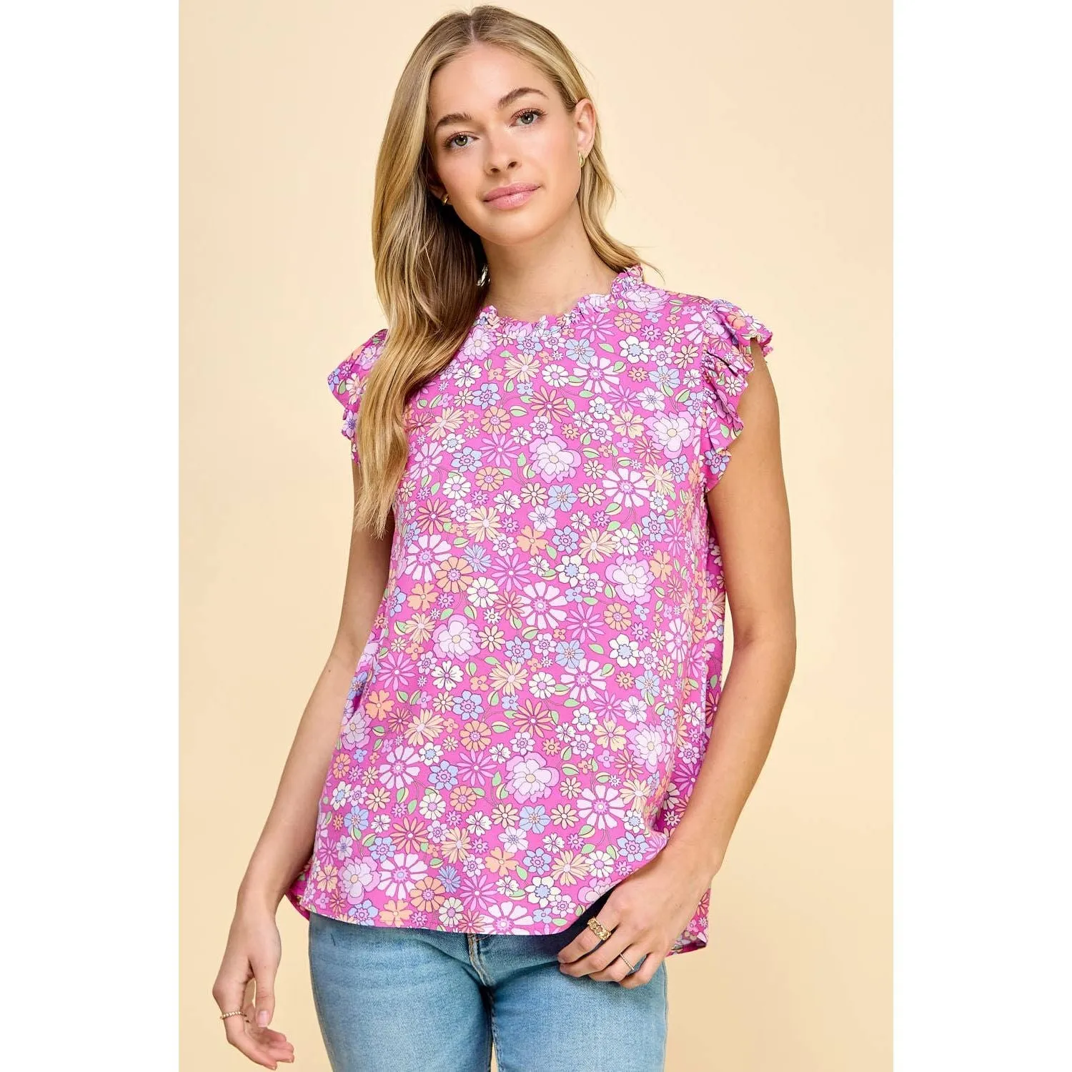 Floral Top With Ruffled Neck and Short Sleeves