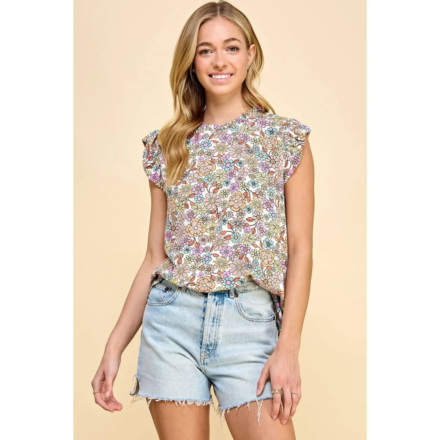 Floral Top With Ruffled Neck and Short Sleeves