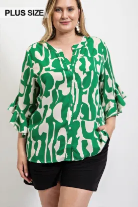 Geometric print ruffled bell sleeve woven top