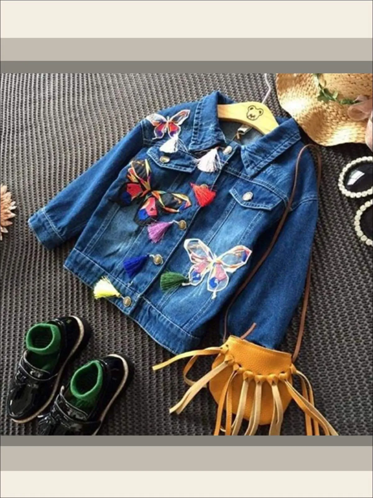 Girls Butterfly Applique Denim Jacket (Dark Blue And Light Blue Denim Options)