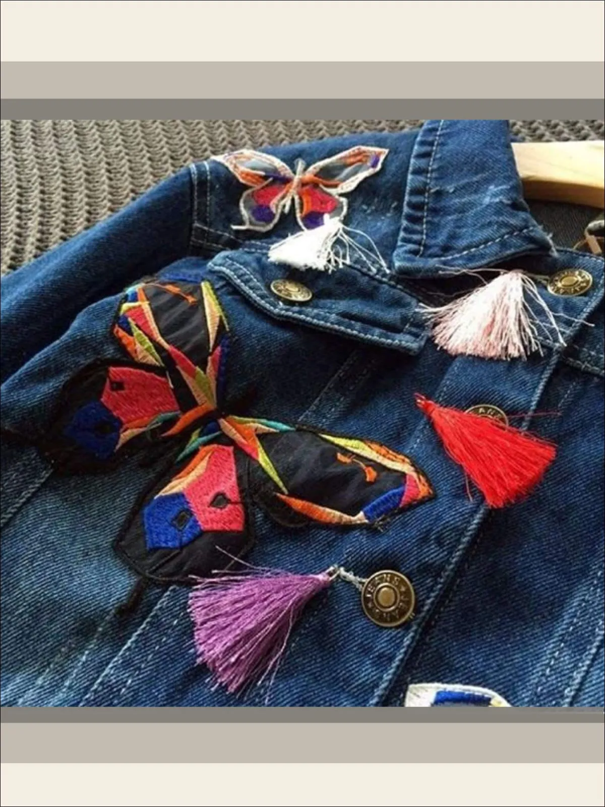 Girls Butterfly Applique Denim Jacket (Dark Blue And Light Blue Denim Options)