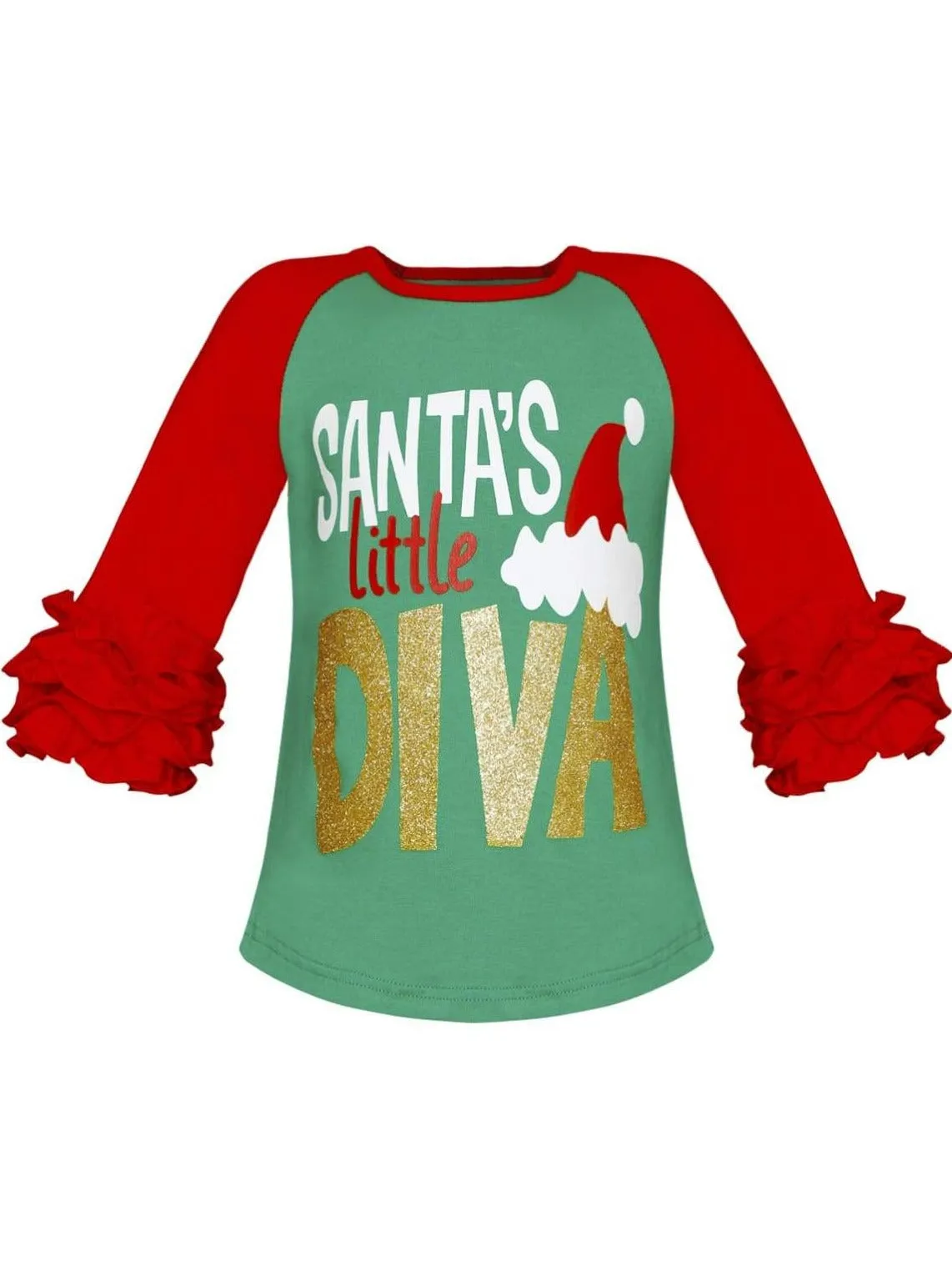 Girls Christmas Themed "Santa's Little Diva" Ruffled Long Sleeve Raglan Top