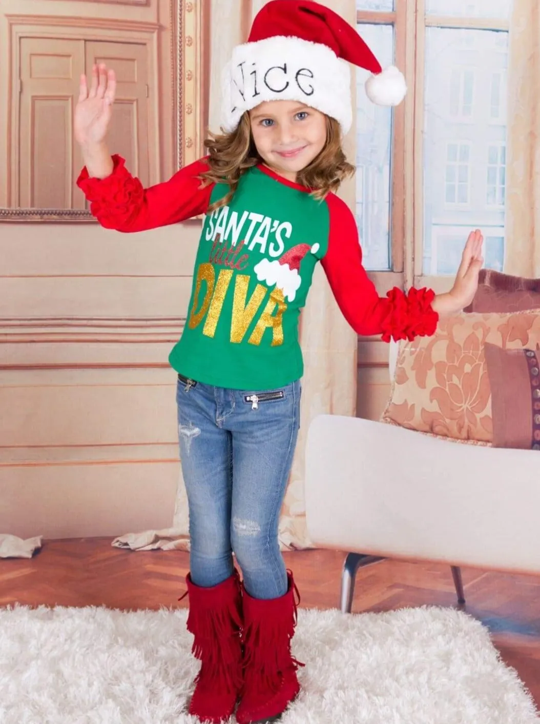 Girls Christmas Themed "Santa's Little Diva" Ruffled Long Sleeve Raglan Top