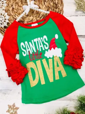 Girls Christmas Themed "Santa's Little Diva" Ruffled Long Sleeve Raglan Top