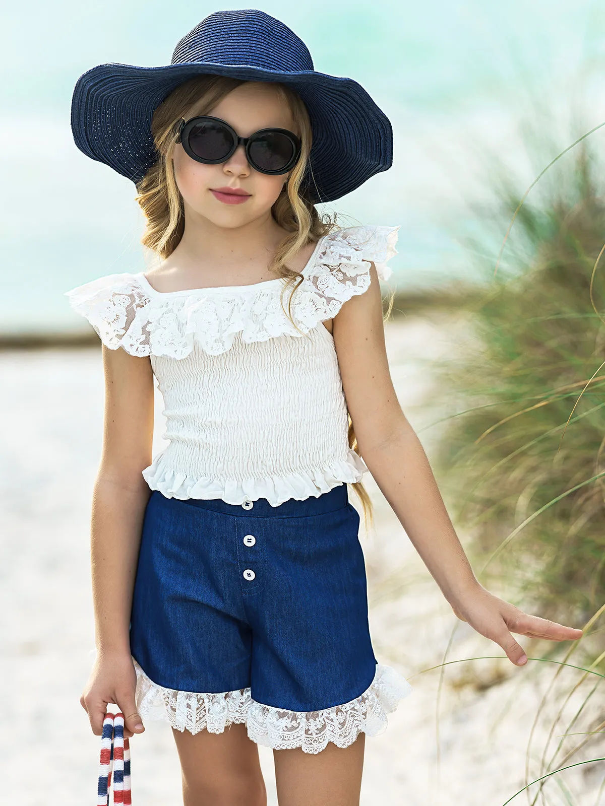 Girls Coastal Cutie Lace Ruffled Top and Denim Short Set