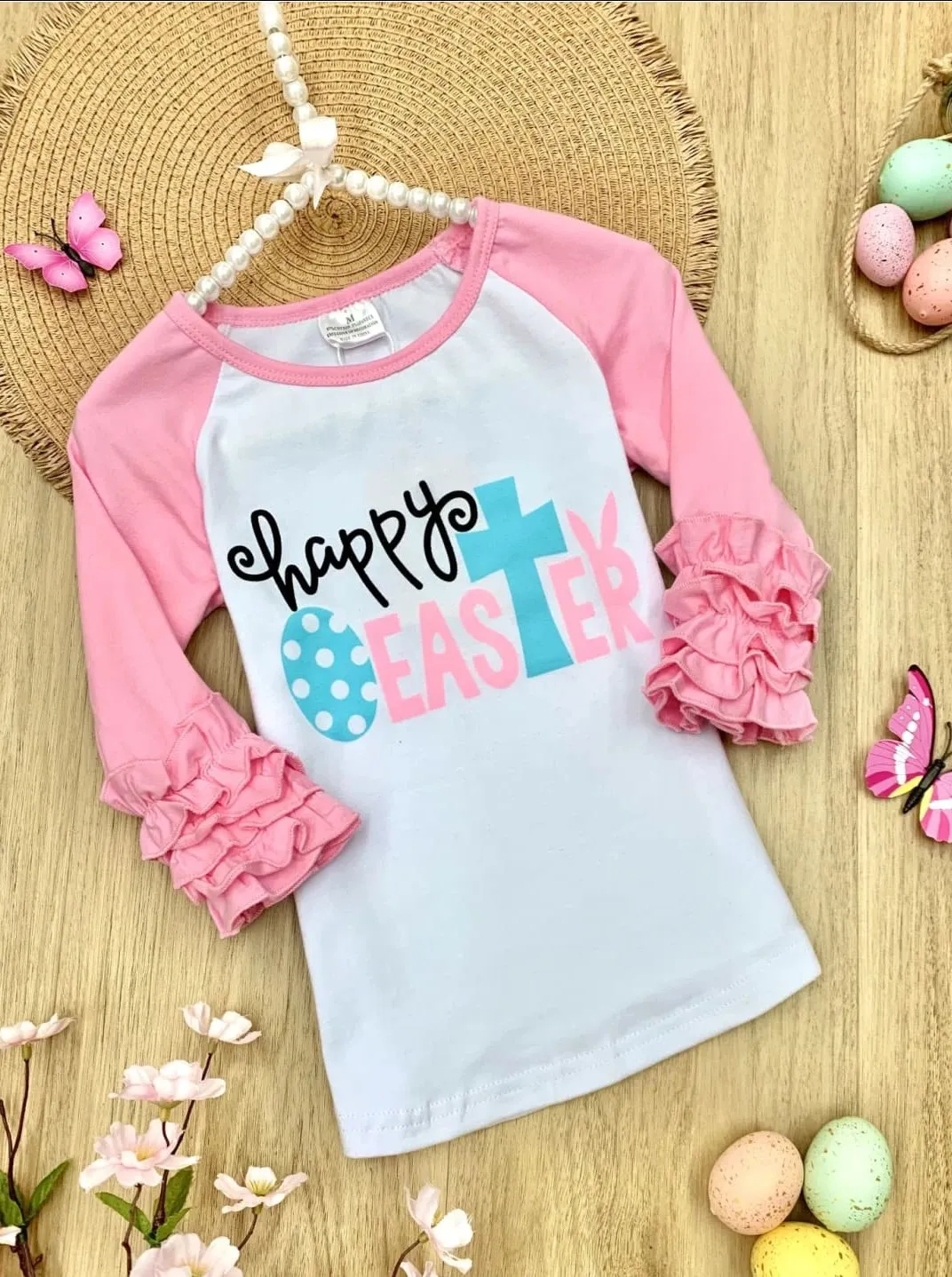 Girls Easter Themed "Happy Easter" Long Raglan Sleeve Ruffled Top