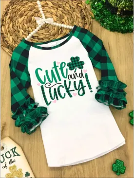 Girls "Cute and Lucky" Clover Plaid Ruffled Top