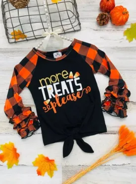 Girls "More Treats Please" Plaid Long Ruffled Raglan Sleeve Knot Top