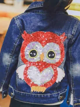 Girls Sequin Owl Applique Denim Jacket