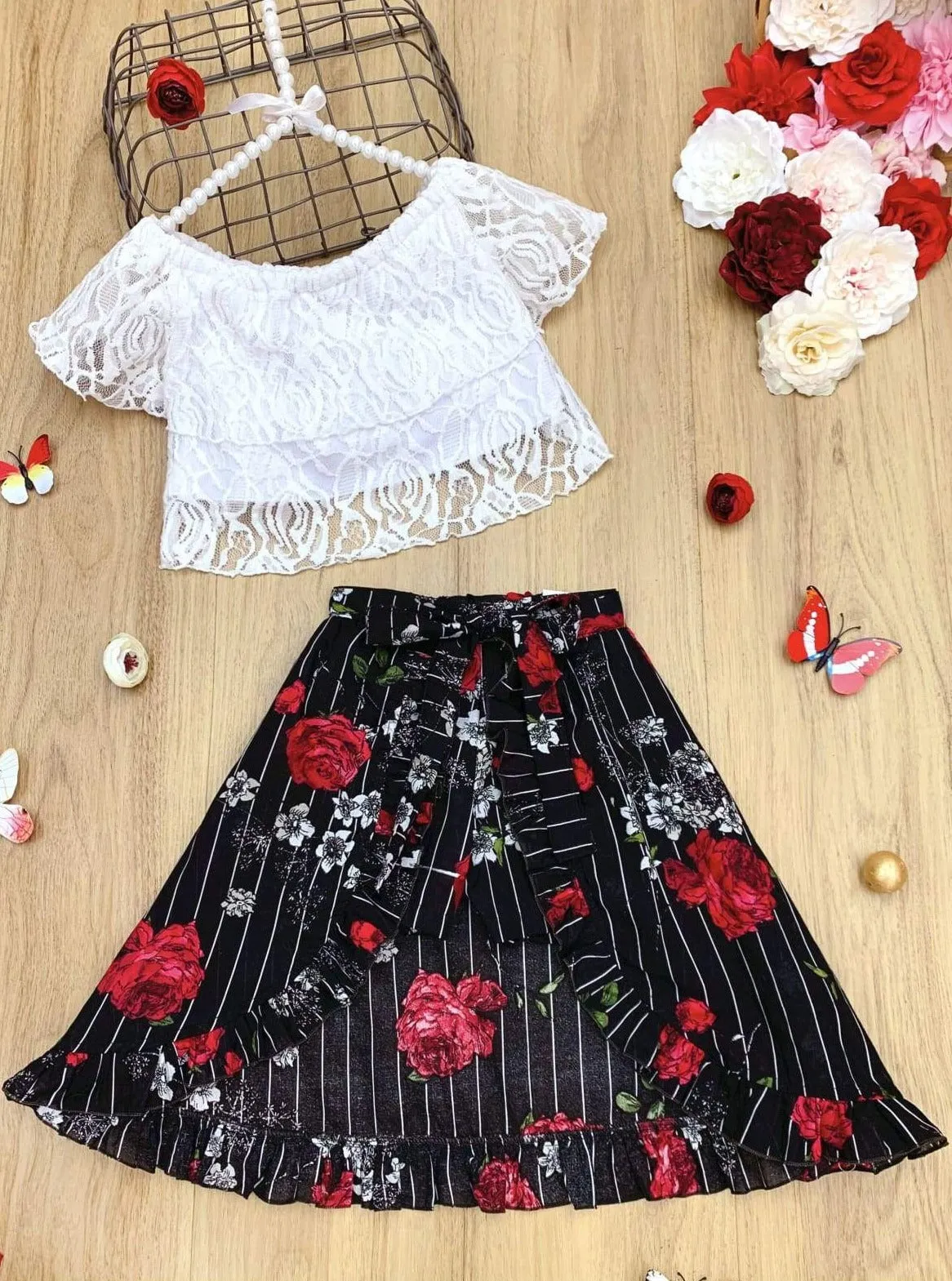 Girls Spring Lovin' Lace Crop Top, Floral Shorts and Wrap Skirt Set