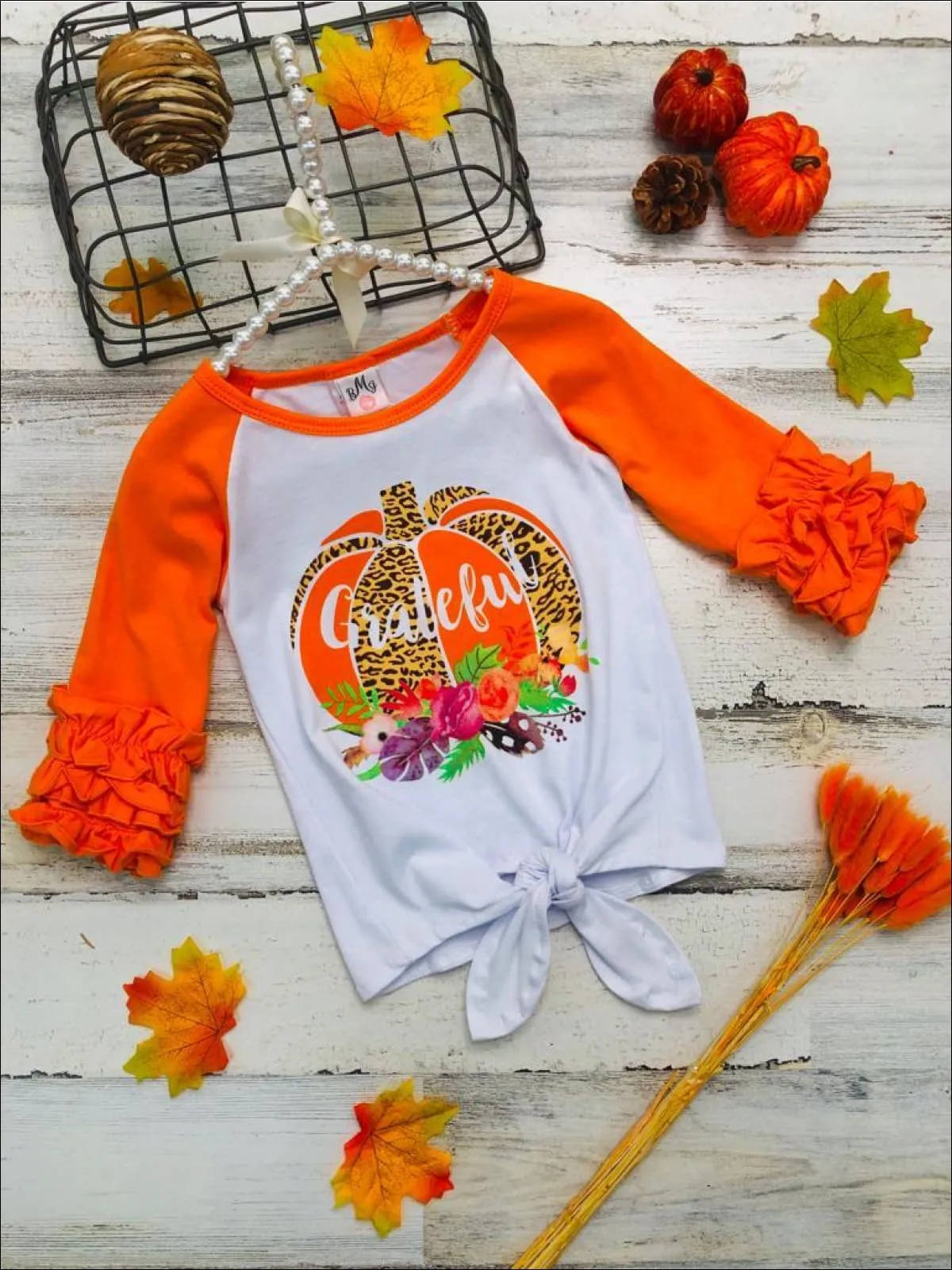 Girls Thanksgiving Themed "Grateful" Pumpkin Print Ruffled 3/4 Raglan Sleeve Knot Top