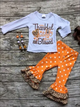 Girls Thanksgiving Themed "Thankful Grateful And Blessed" Long Sleeve Top And Ruffled Polka Dot Legging Set