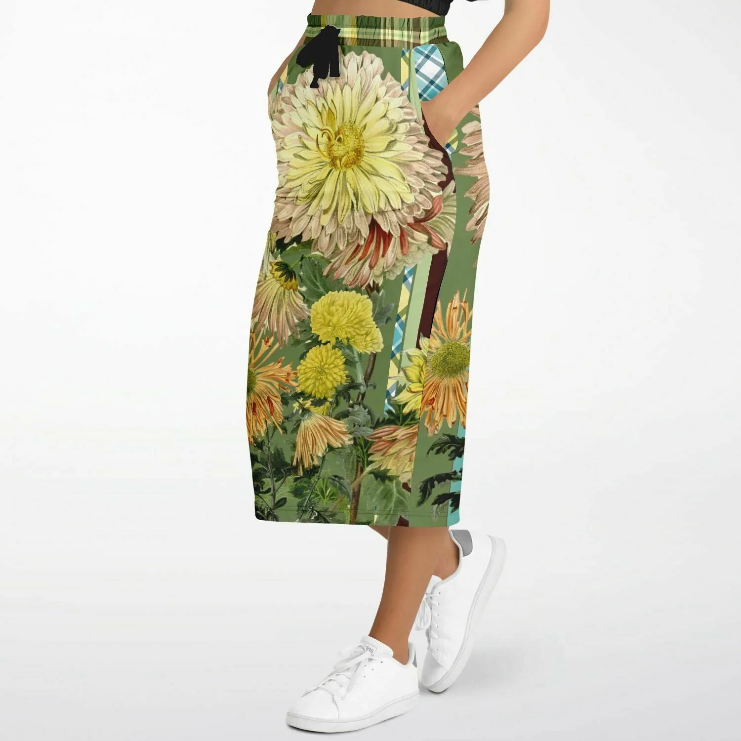 Green Caravan Floral Striped Eco-Poly Long Pocket Skirt