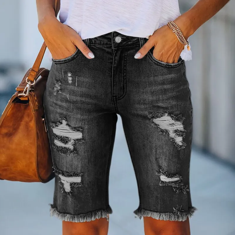 High Waist Knee Length Ripped Jeans