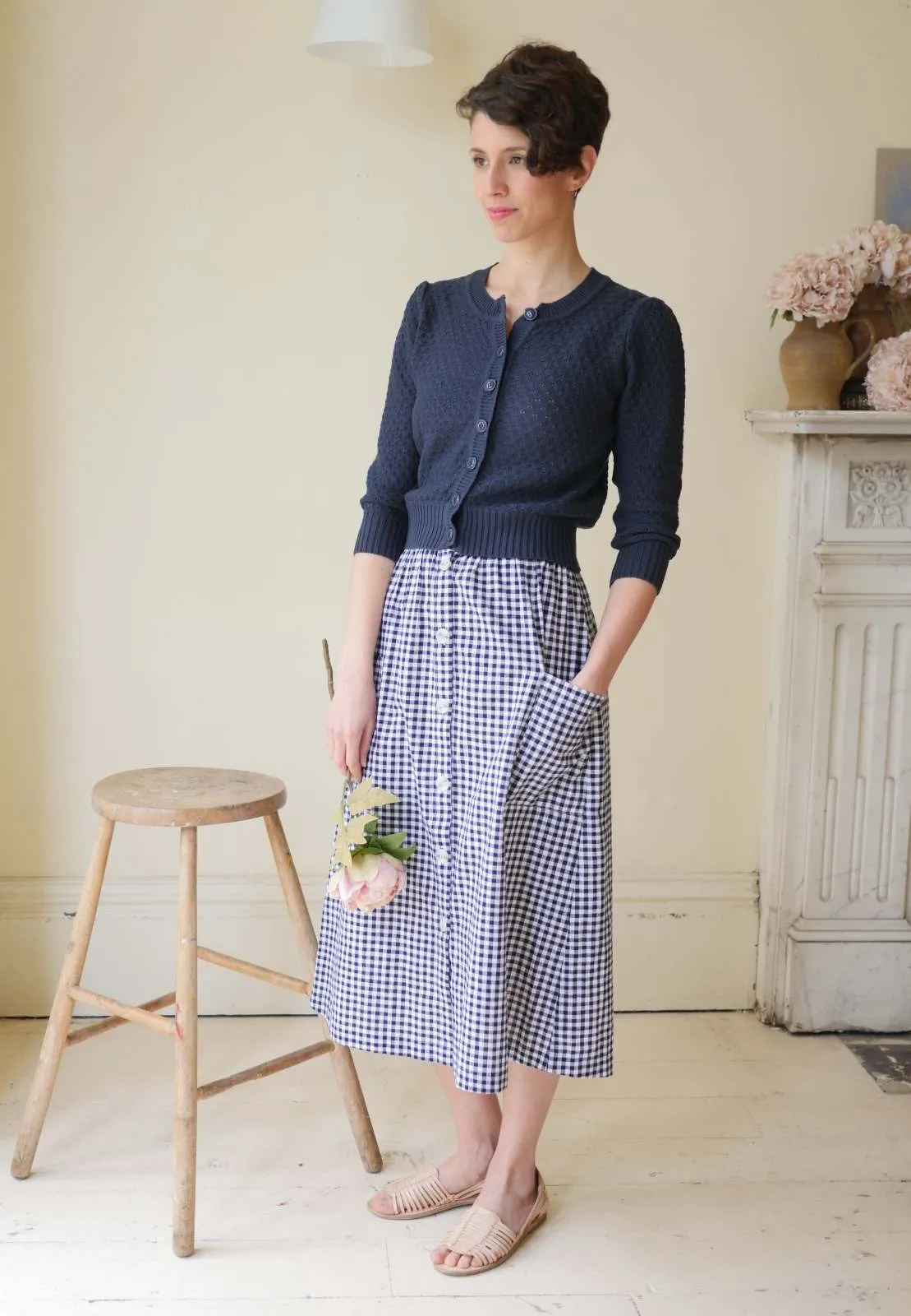 High Waisted Button Skirt - Navy Gingham