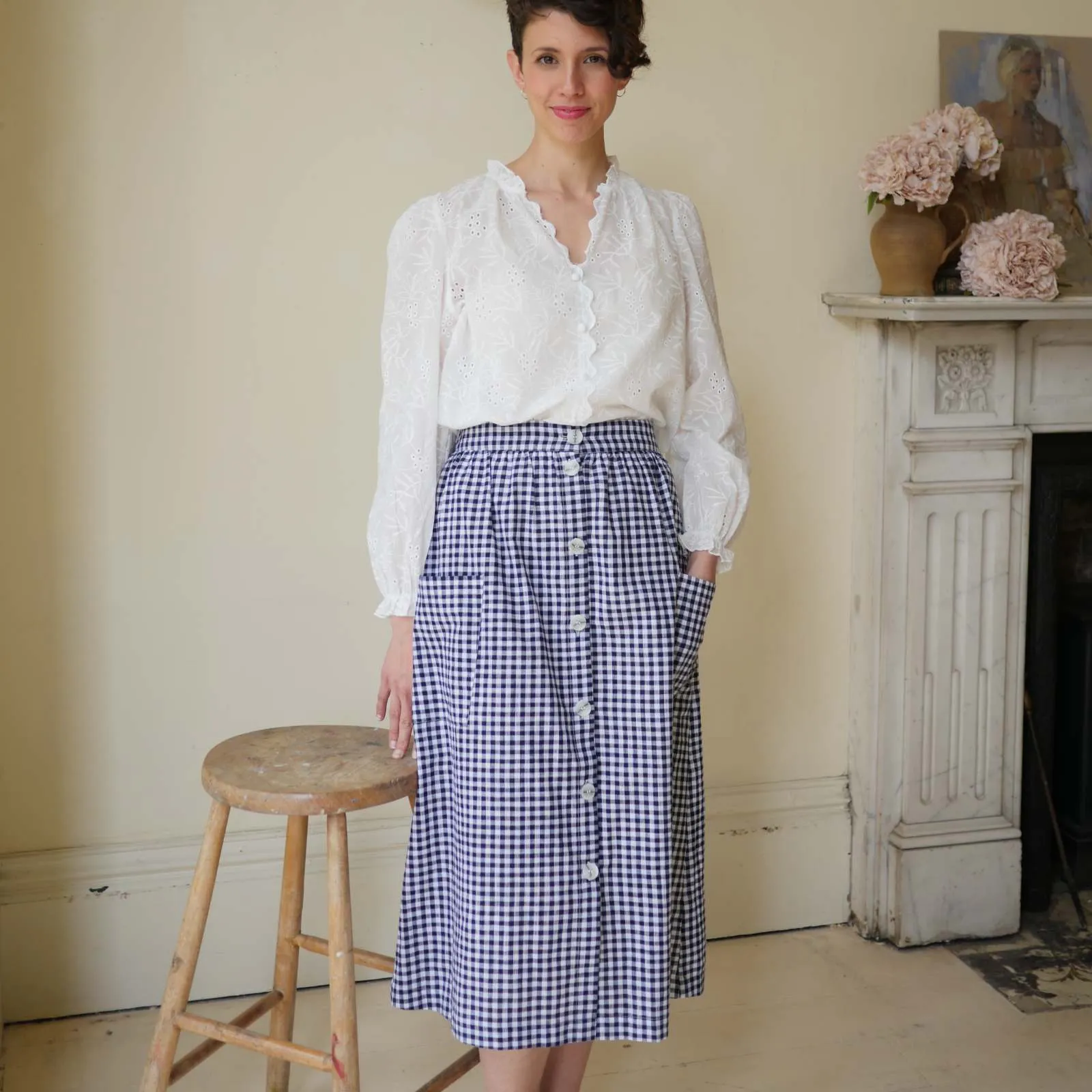 High Waisted Button Skirt - Navy Gingham