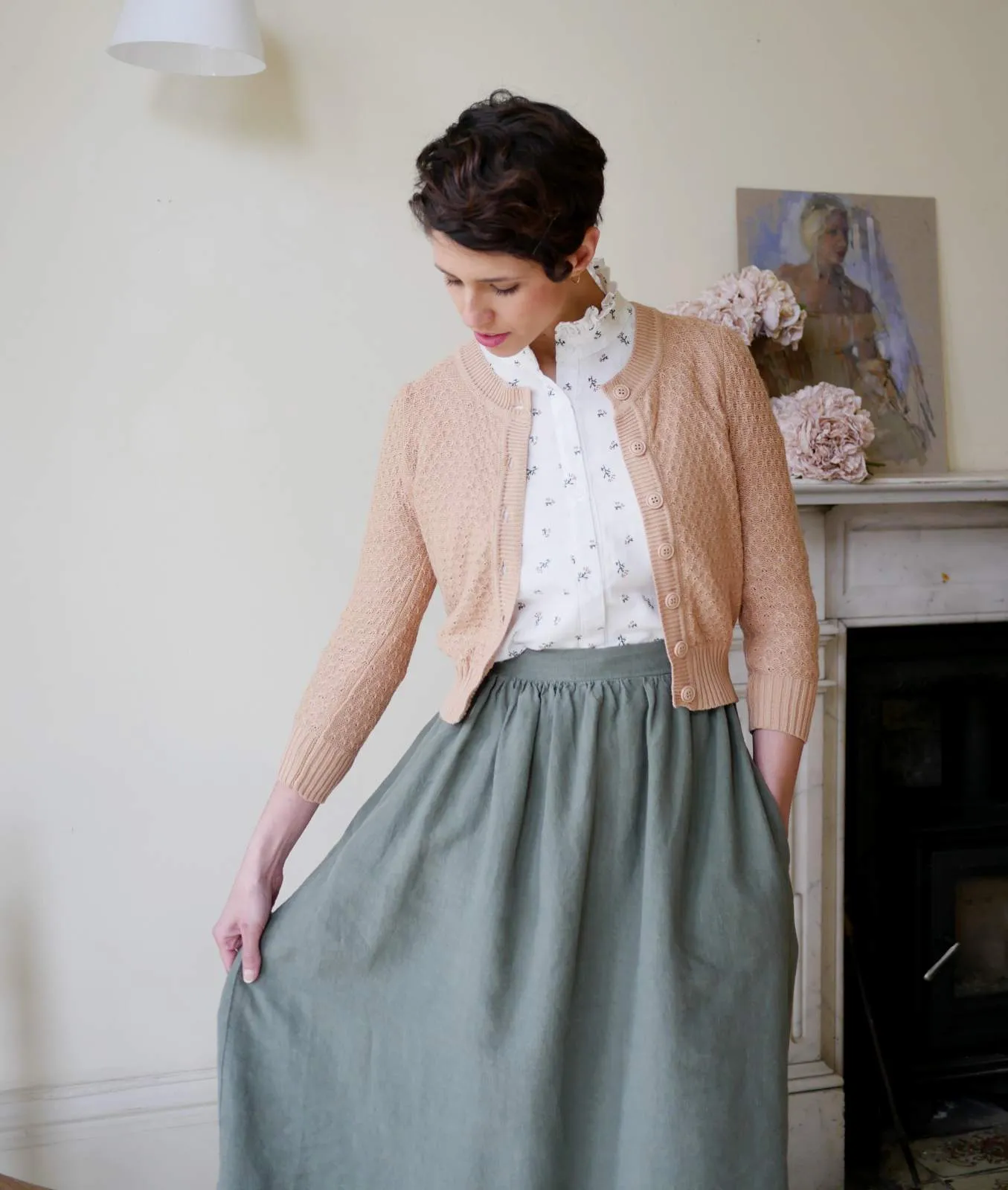 High Waisted Linen Midi Skirt - Olive