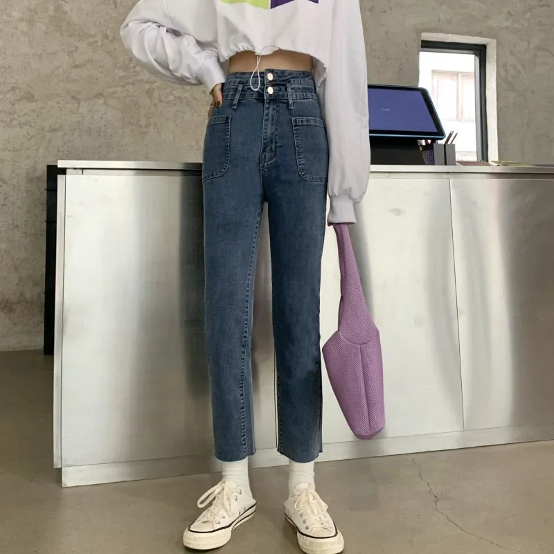 [Korean Style] Alitzia Double Button Cropped Straight Jeans