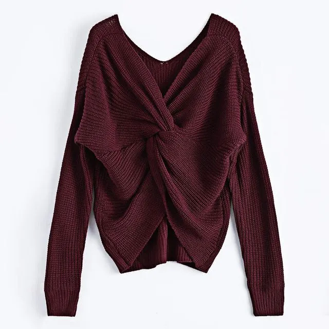 Ladies knot bow low back knitted sweater top