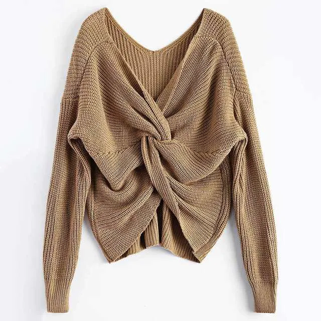 Ladies knot bow low back knitted sweater top