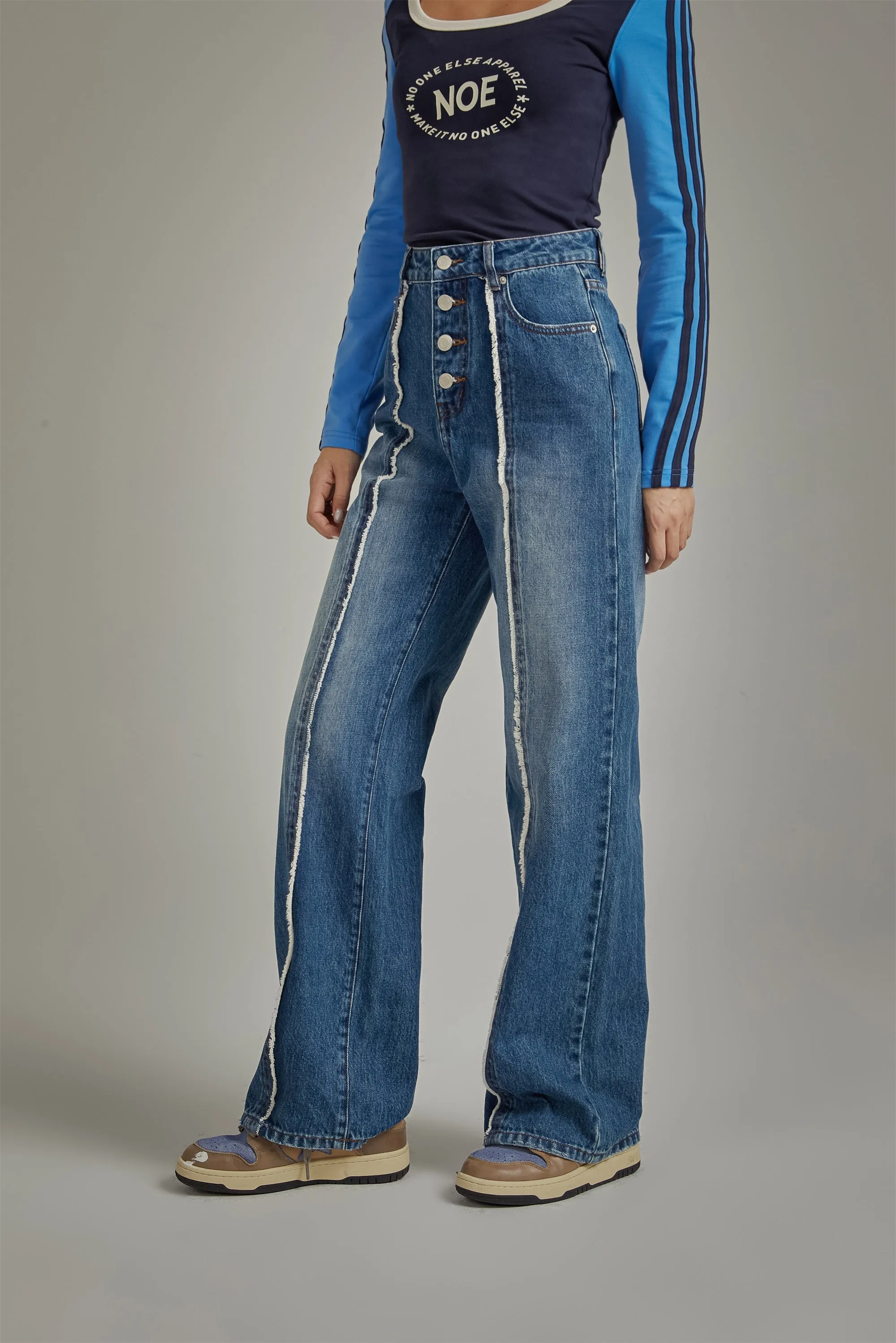 Lined High Waisted Button Wide Denim Jeans