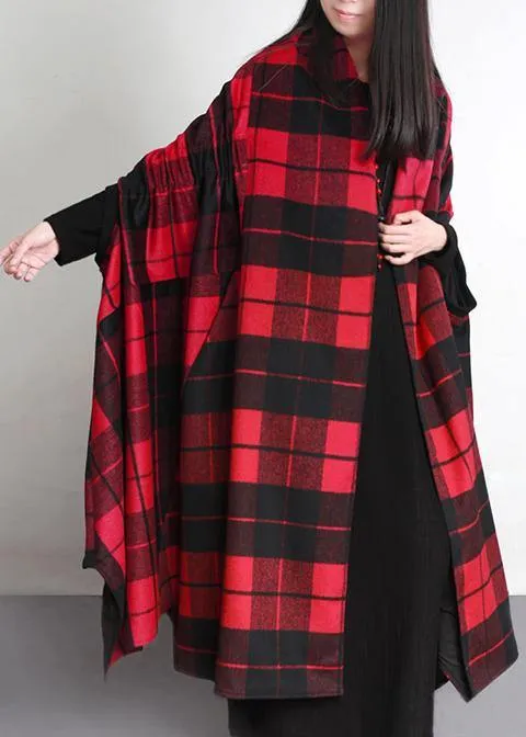 Luxury  plus size clothing long winter coat outwear red plaid asymmetric wool coat