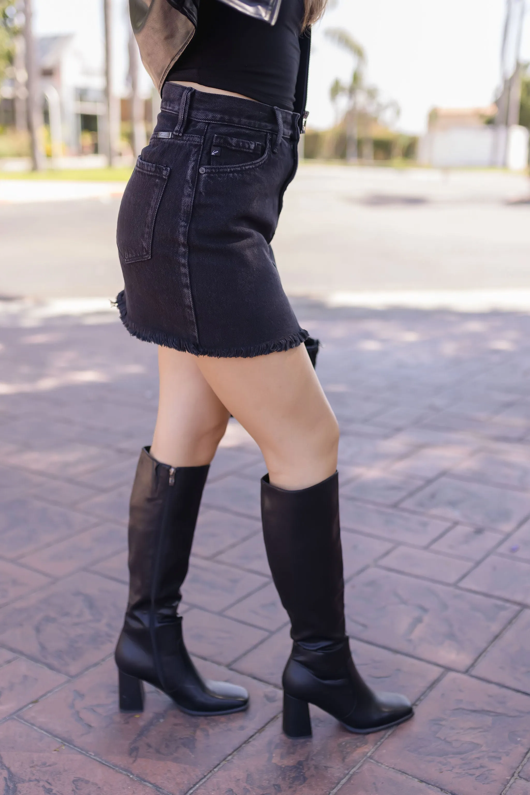 Marie High Waist Raw Hem Denim Mini Skirt Black