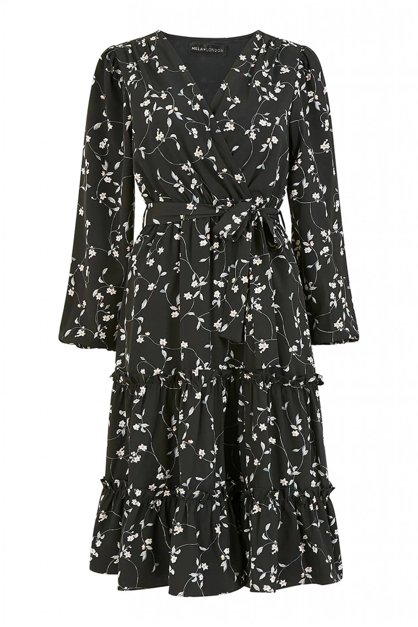 Mela London Black Floral Wrap Dress With Frill Hem