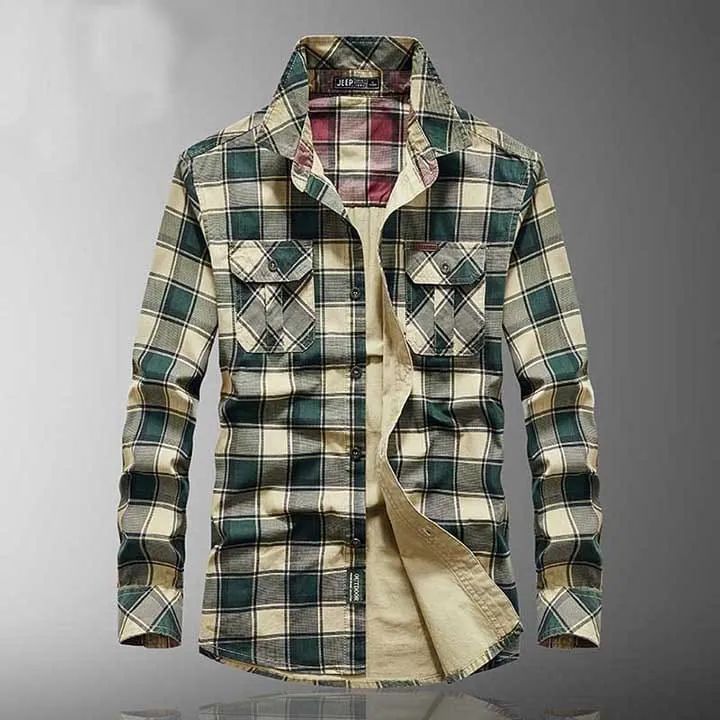 Men Plaid Print Flap Pocket Contrast Lining Lapel Collar Shirt