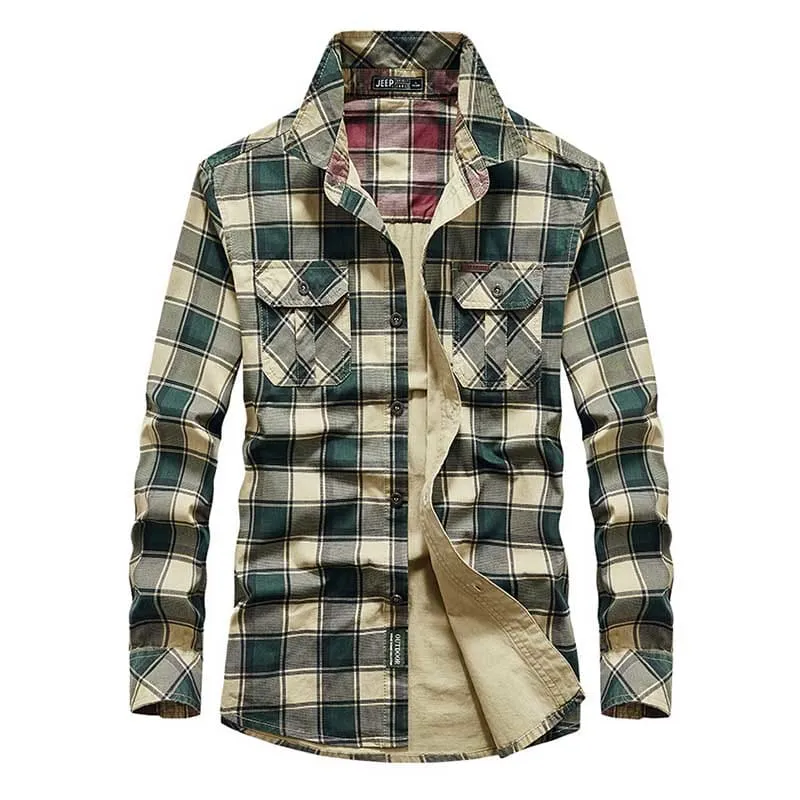 Men Plaid Print Flap Pocket Contrast Lining Lapel Collar Shirt