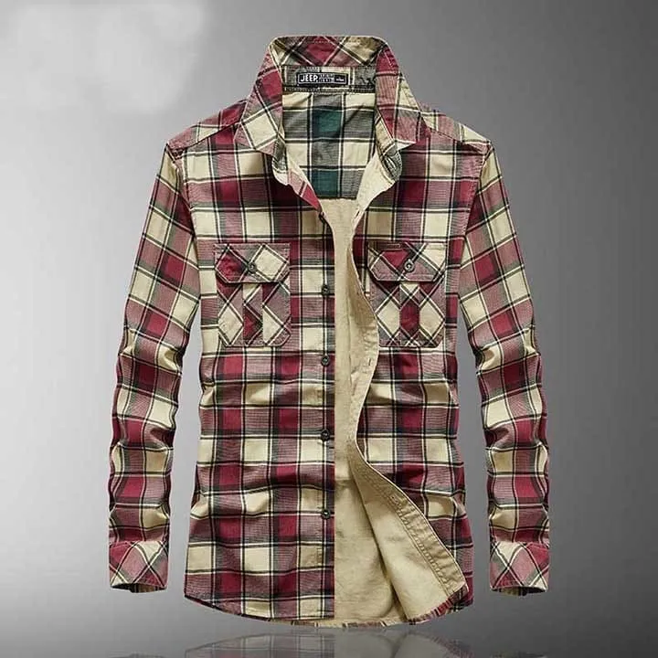 Men Plaid Print Flap Pocket Contrast Lining Lapel Collar Shirt