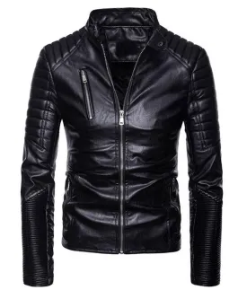 Mens Black Leather Motorcycle Jacket Slim Fit Multi Zip