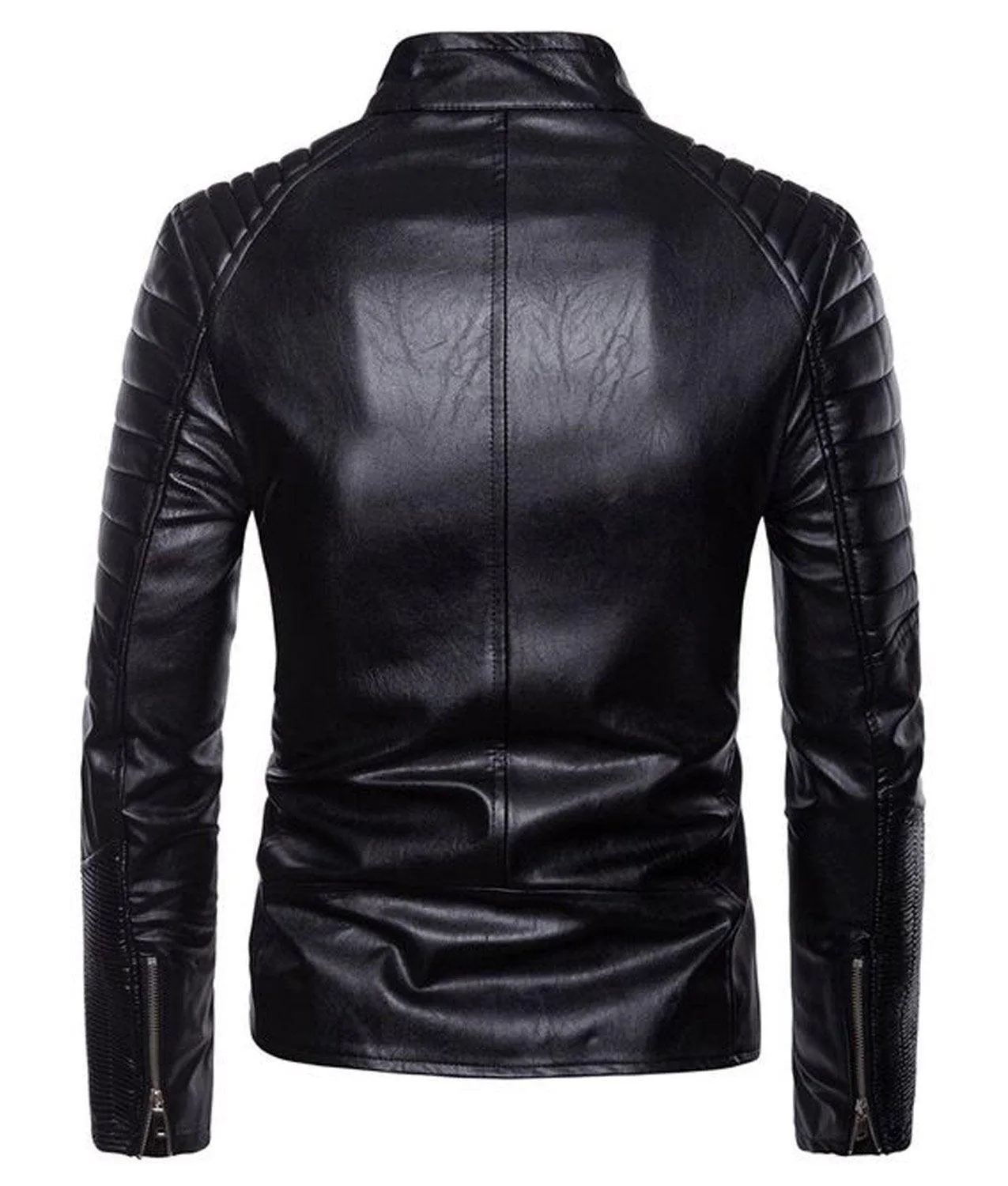 Mens Black Leather Motorcycle Jacket Slim Fit Multi Zip