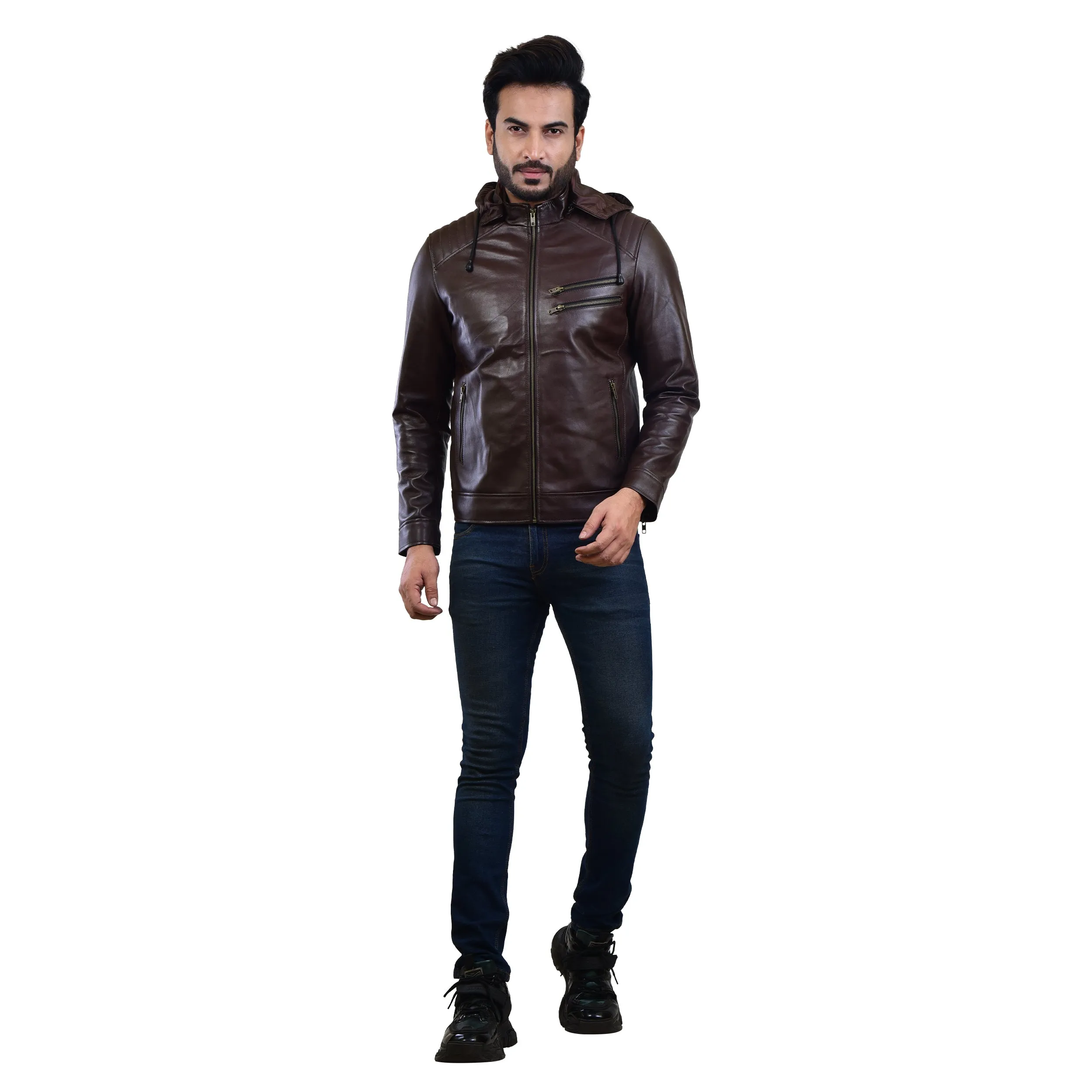 MENS LEATHER HOODED JACKET 410145(BROWN)