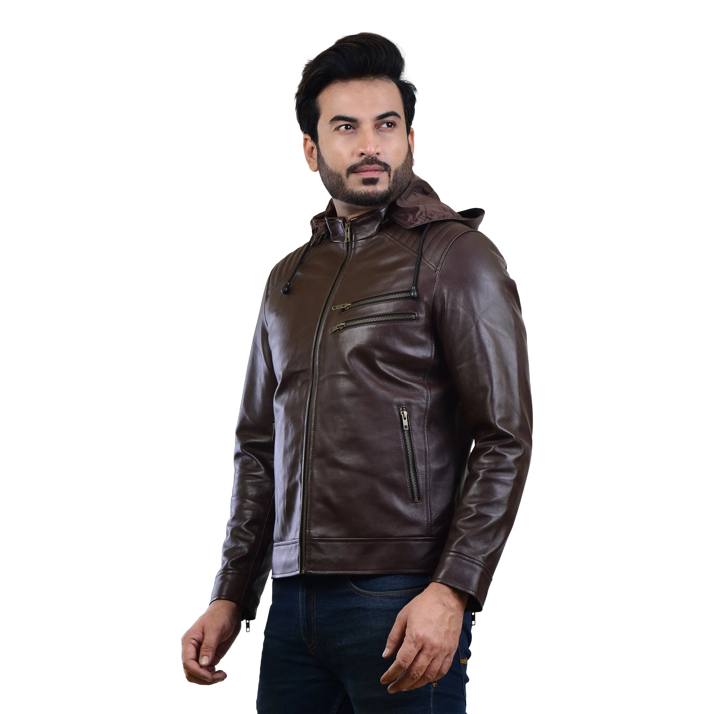 MENS LEATHER HOODED JACKET 410145(BROWN)