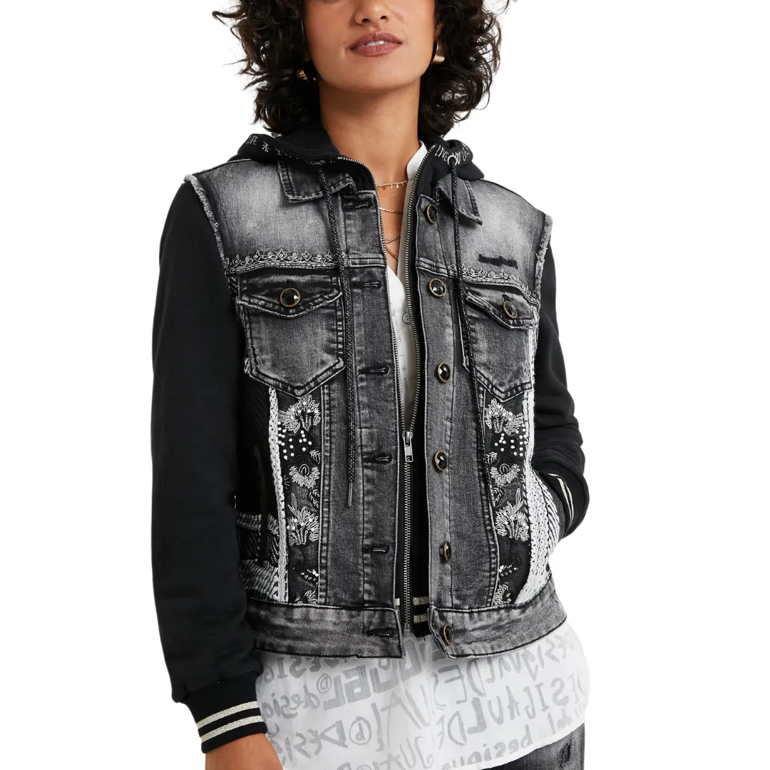 Mixed Fabric Hooded Denim Jacket