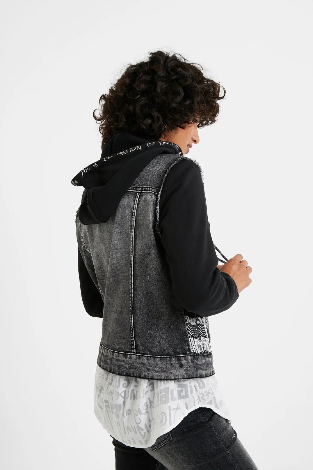 Mixed Fabric Hooded Denim Jacket