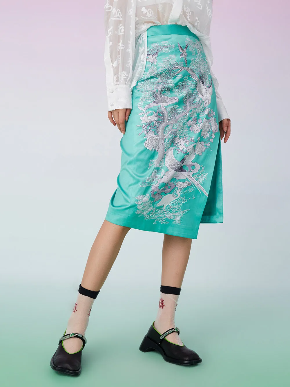 MUKZIN Floral Embroidery Split Green Skirt