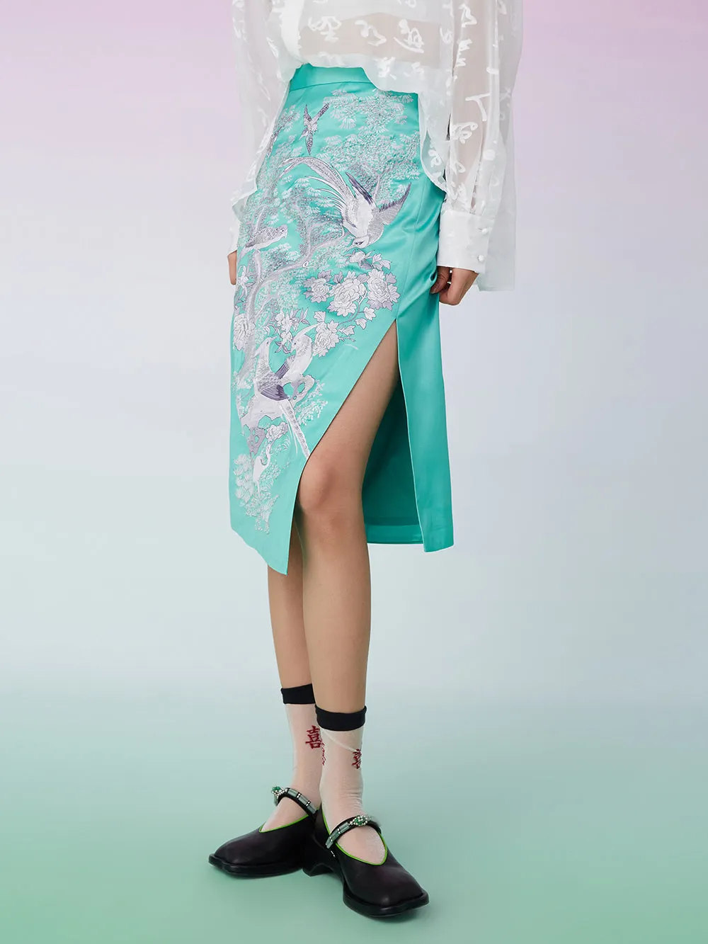 MUKZIN Floral Embroidery Split Green Skirt