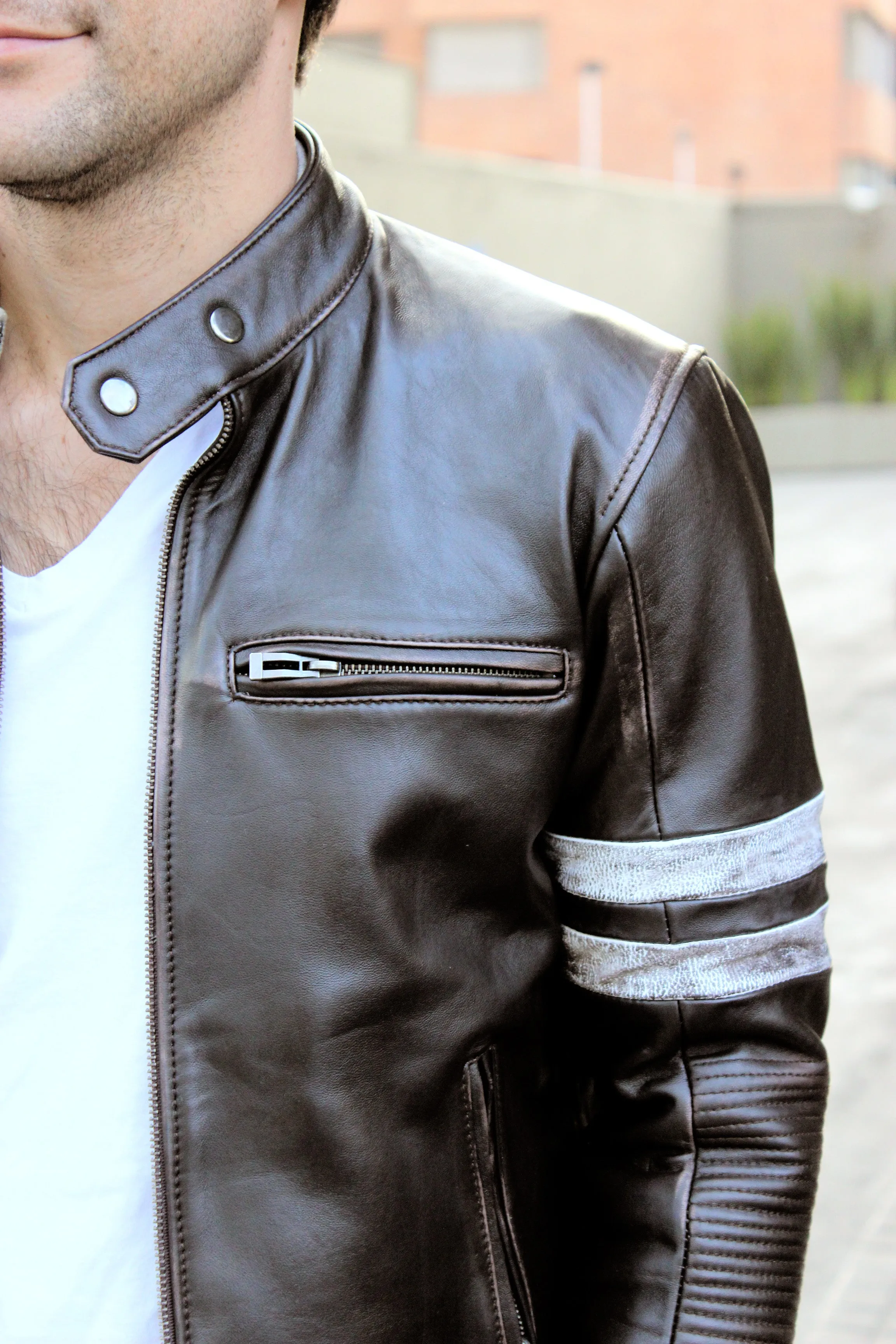 MUSTANG '18 Leather Jacket Distressed Brown - Cafe Racer Stripes