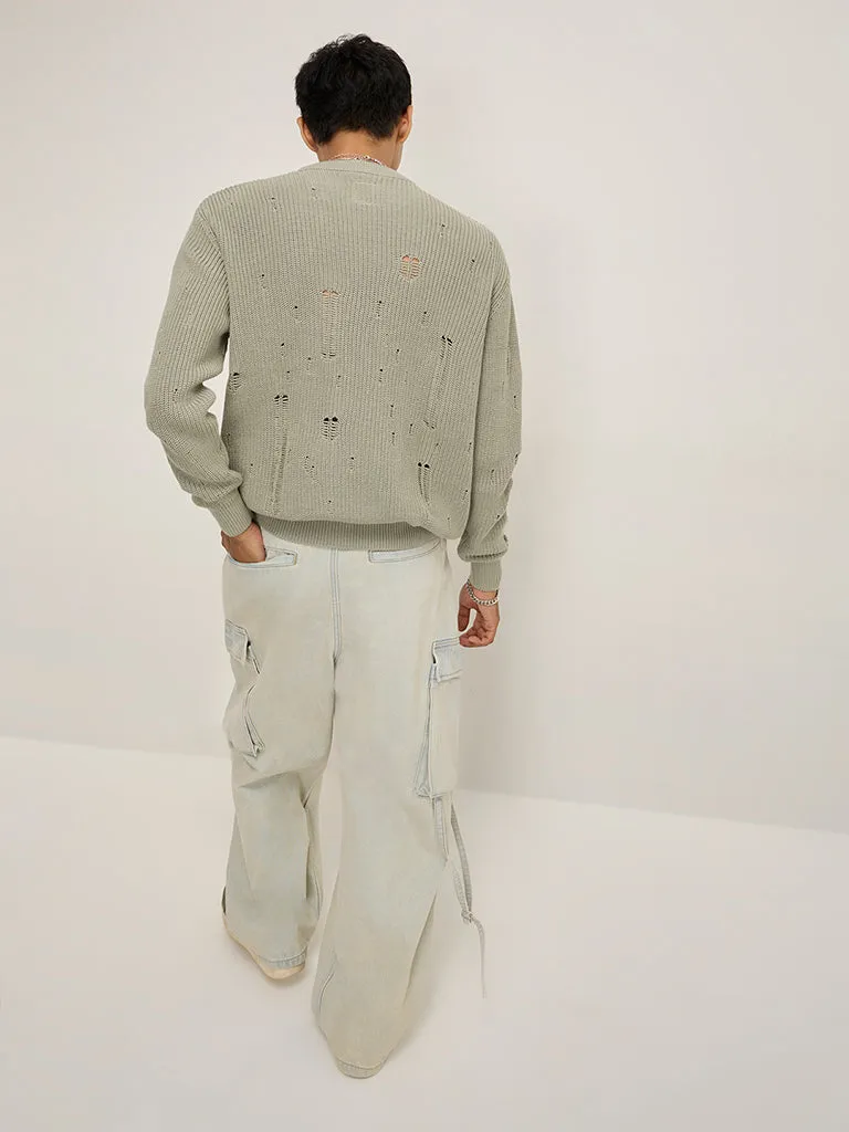 Nuon Sage Distressed Relaxed-Fit Cotton Sweater