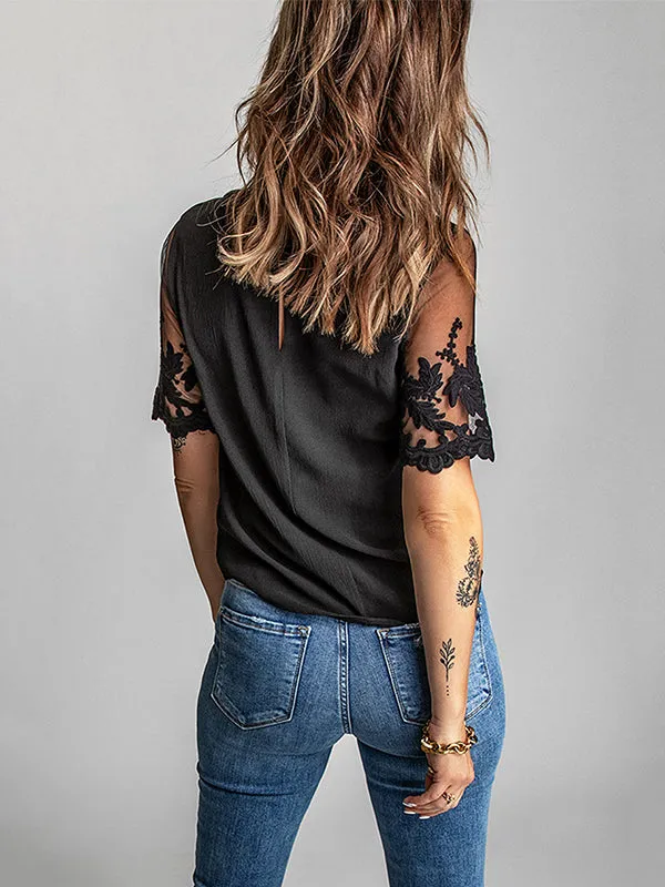 Original Loose Solid Color Lace Split-Joint T-Shirt Top