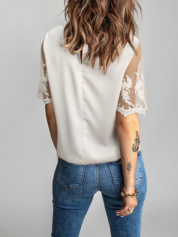 Original Loose Solid Color Lace Split-Joint T-Shirt Top