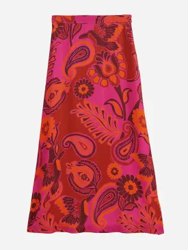 Pink bold floral satin maxi-skirt