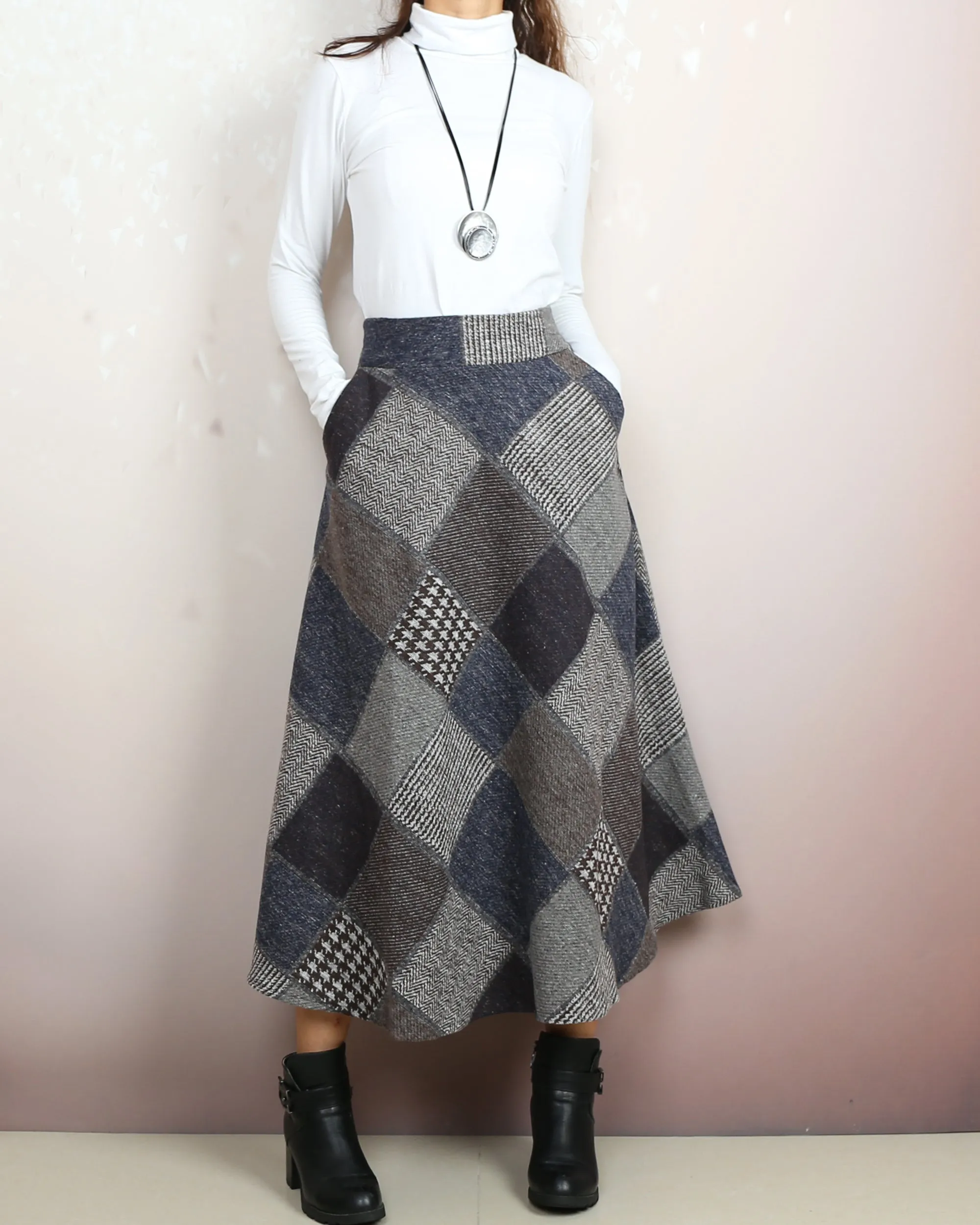 Plaid skirt, wool skirt, winter skirt women, flared skirt, boho skirt, elastic waist skirt, long skirt(Q2140)