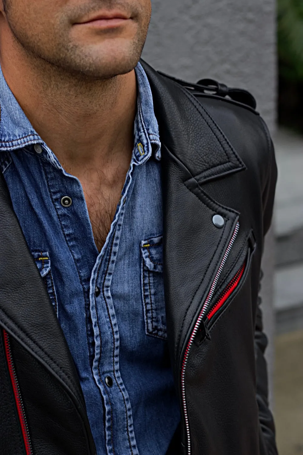 Rebel RD Classic Biker Leather Jacket Leather - Buffalo - Red & Black