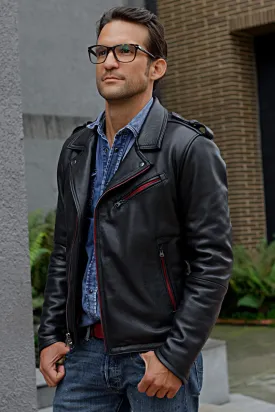 Rebel RD Classic Biker Leather Jacket Leather - Buffalo - Red & Black